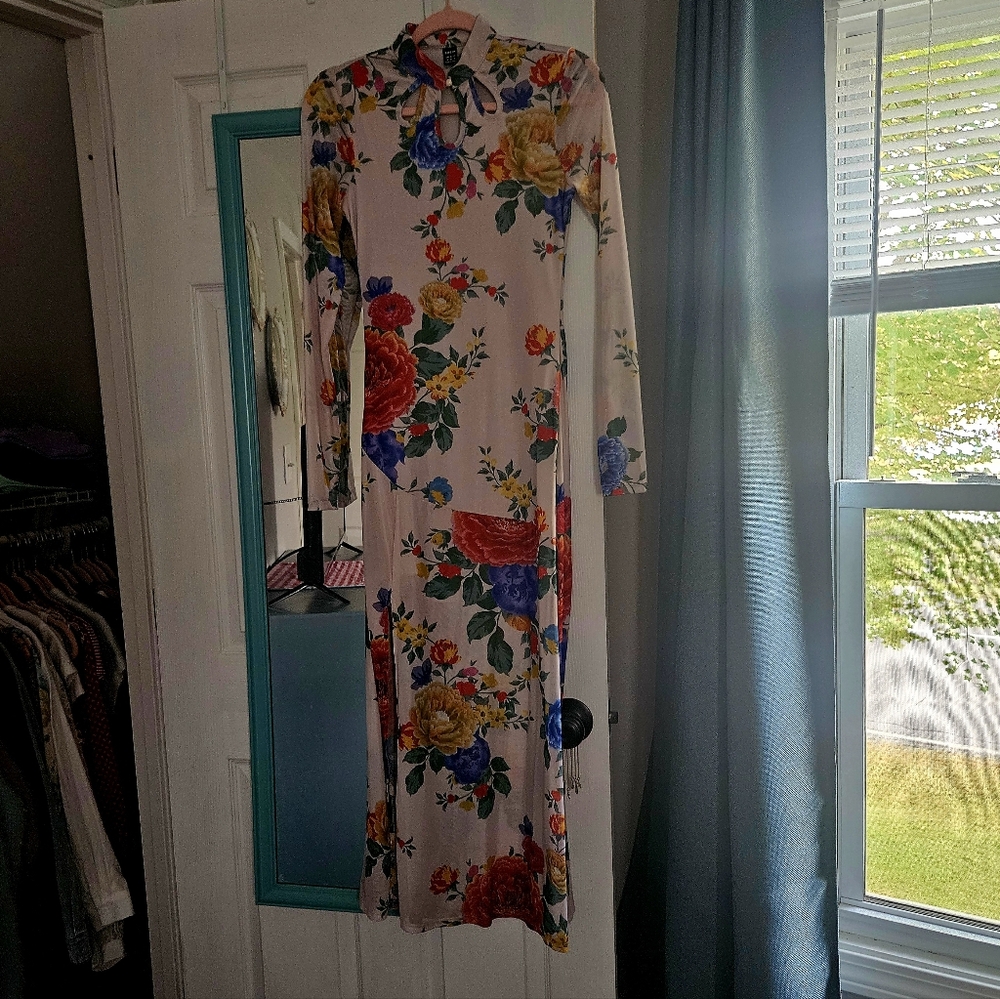 🌈 Gorgeous Long Sleeve Dress with Bold Flower Sheer Overlay